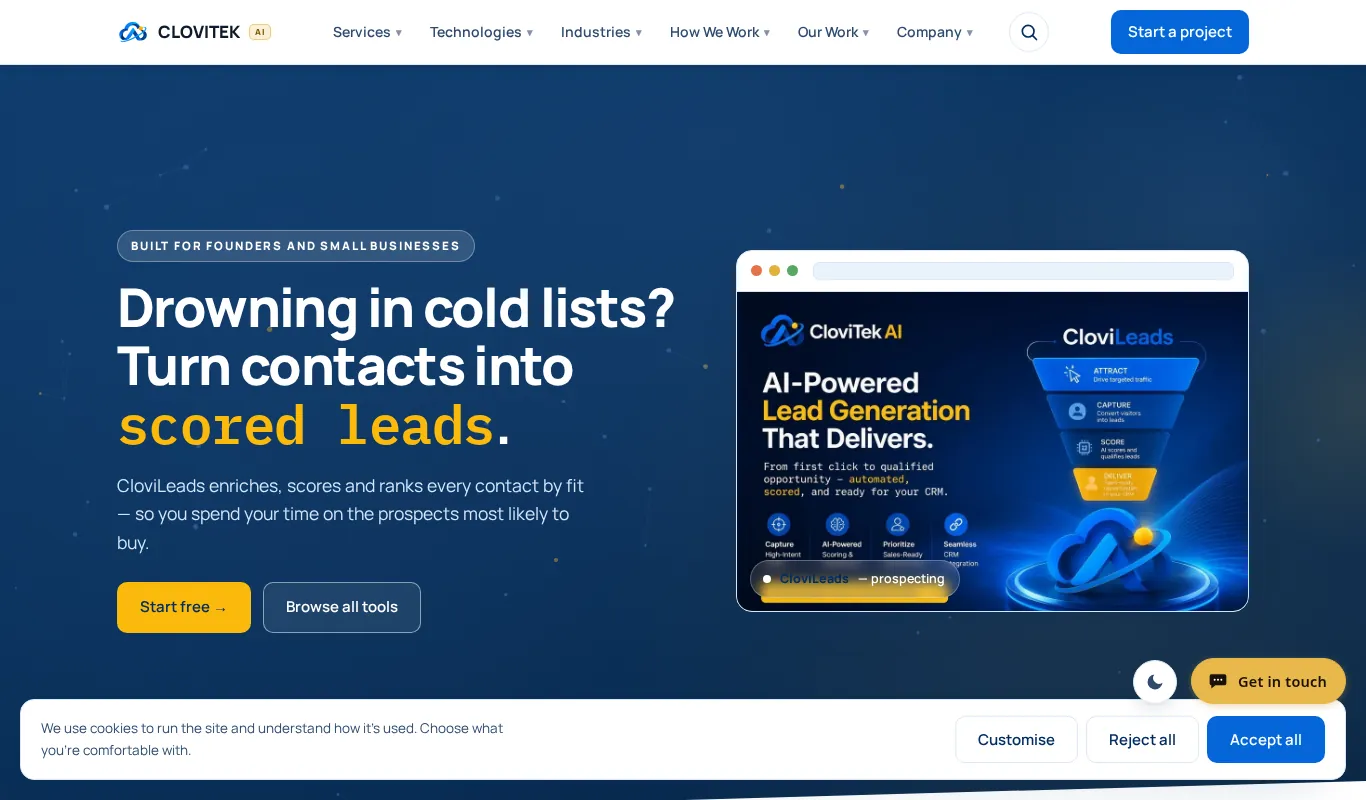 The new CloviTek AI home page at 1366 pixels wide