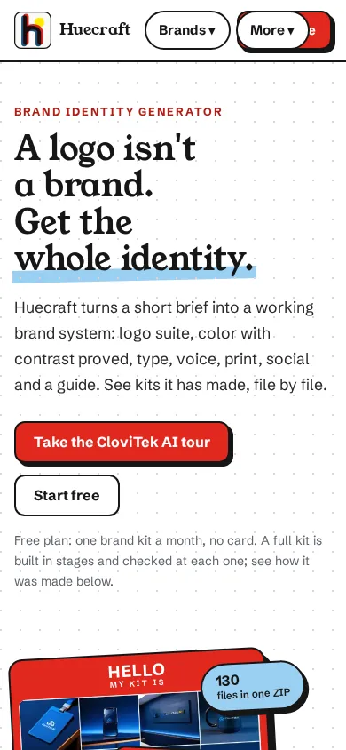 The new Huecraft home page at 390 pixels wide