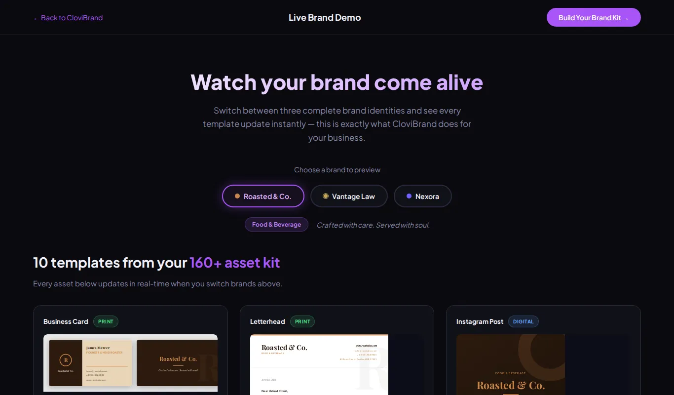 The old CloviBrand demo page at 1366 pixels wide