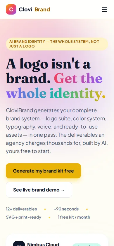 The old CloviBrand home page at 390 pixels wide