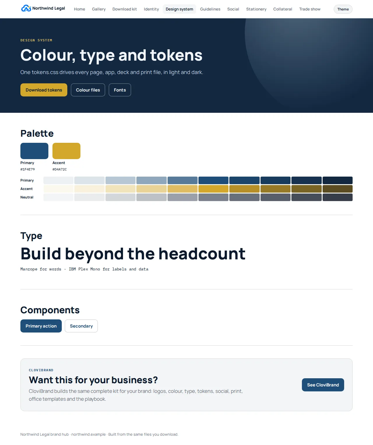 Design-system page of the sample brand hub: color swatches, type scale and tokens