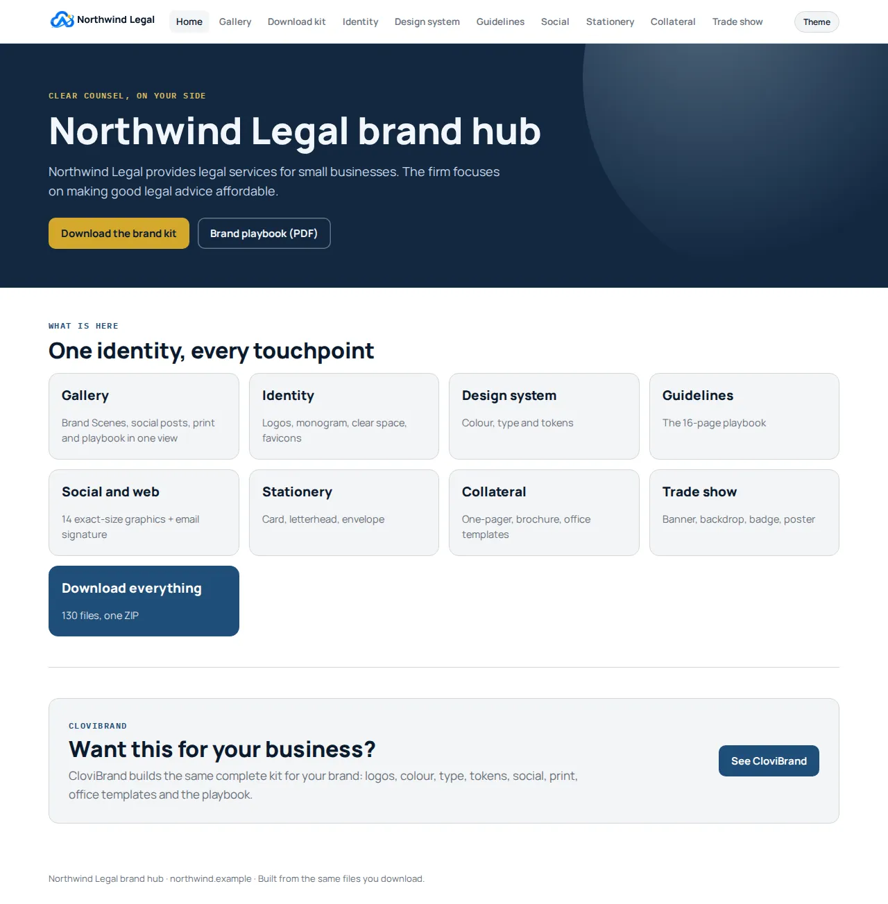 The Northwind Legal brand hub site built by Studio: hero, download buttons and a grid of sections