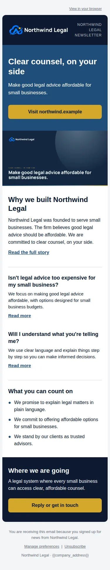Newsletter on a phone, from the Northwind Legal kit