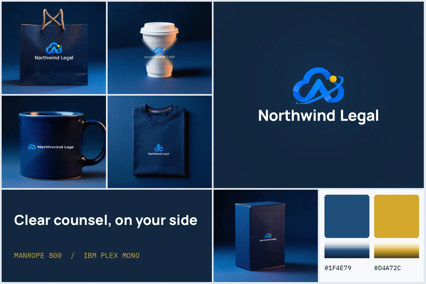 Brand scenes sheet from the Northwind Legal kit: bag, cup, mug and T-shirt with the mark, palette swatches and the tagline